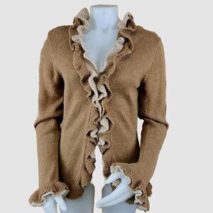 Baby Alpaca Sweater Womens L Beige Brown Ruffled Long Sleeve Cardigan Peru Fibra